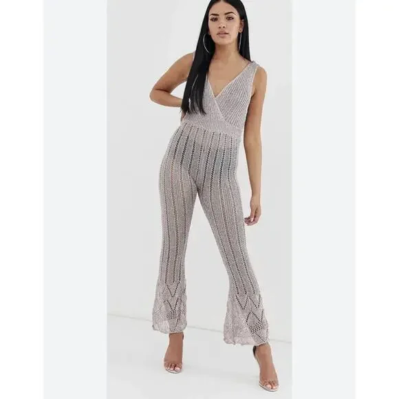 ASOS Glittery Knit Sheer Sleeveless Cover Up Party Jumpsuit Size 6 NWT - Picture 1 of 6